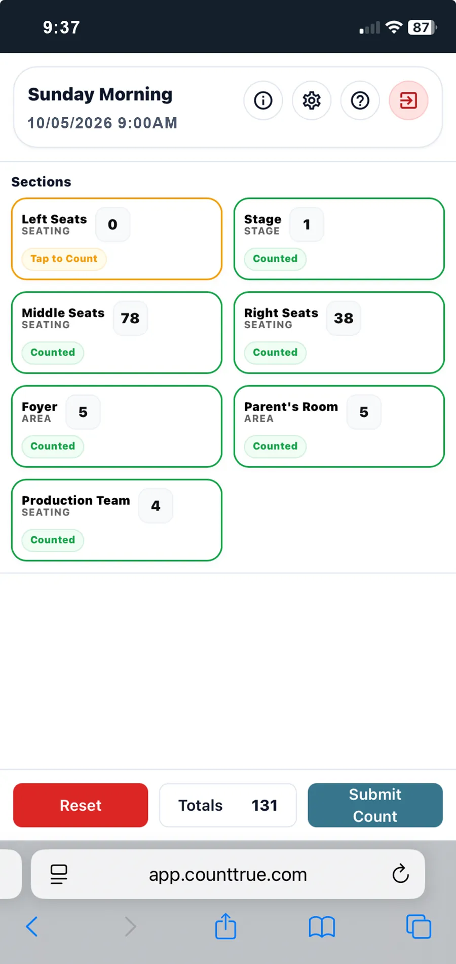 Section tally counting mode on mobile